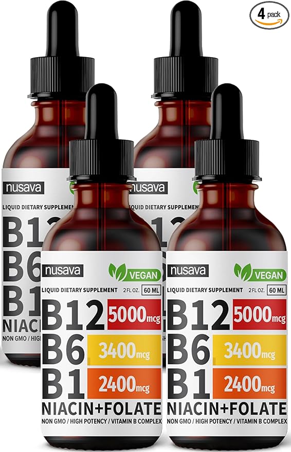 (4 Pack) Vitamin B12 and B6 Liquid Drops, B12 Sublingual Vitamin B Complex - B 12 Vitamin 5000mcg - B12 Methylcobalamin for Energy, Brain, and Heart Support with 27,200 mcg, Raspberry, 80 Servings