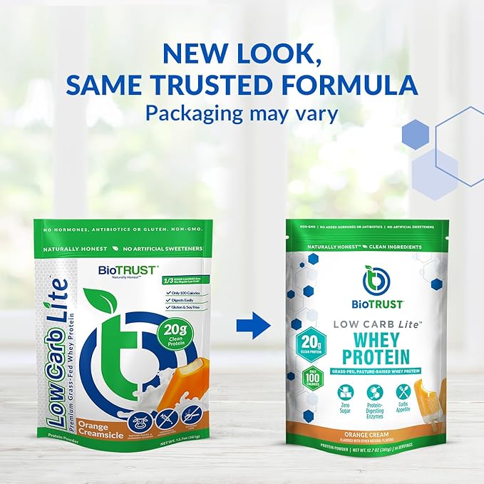 BioTrust Low Carb Lite, 20 Grams of Grass-Fed Whey Protein Isolate, 100 Calories, ProHydrolase Digestive Enzymes, Non-GMO, Free from Soy and Gluten, rBGH-Free (14 Servings) (Orange Cream)