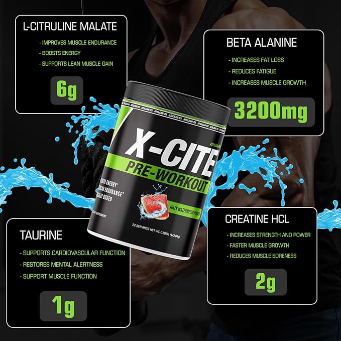 ATHLEAN-X X-CITE Pre-Workout Supplement - Boost Energy, Endurance, and Focus with Natural Ingredients - Jolly Watermelon Pucker