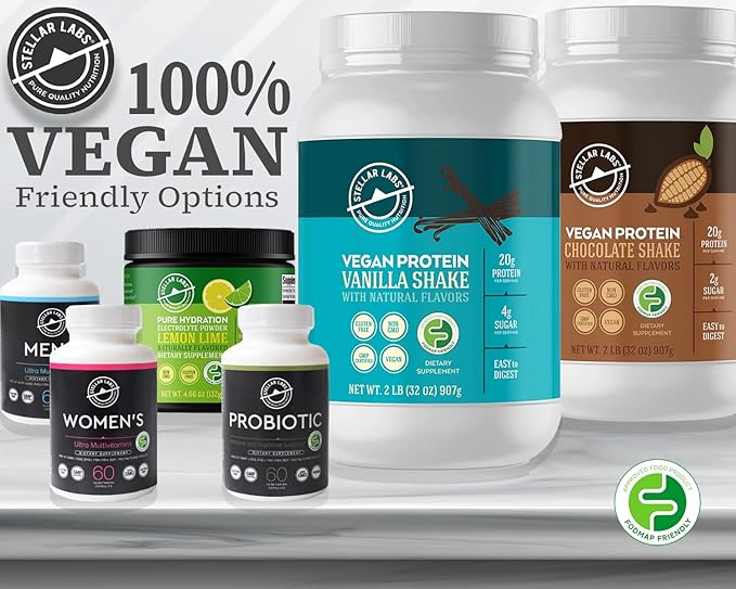 Stellar Labs Vegan Protein Powder with BCAA's & Antioxidants | Certified Low FODMAP, Non GMO, Gluten Free, Soy Free, Low Carb, with Stevia | Lean Plant Based Protein Powder Shakes | Chocolate