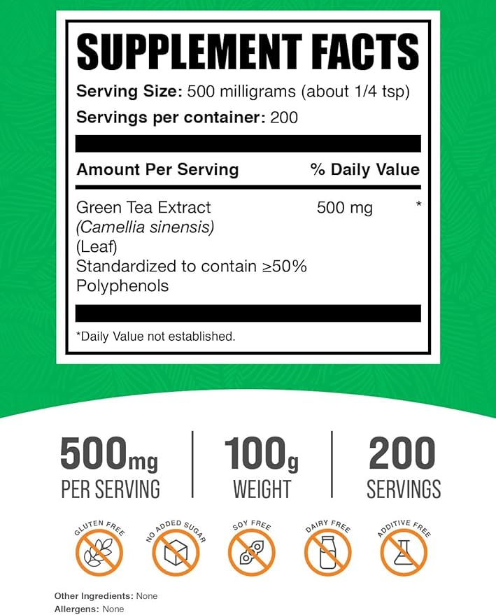 BulkSupplements.com Green Tea Extract Powder - 50% Polyphenol, Green Tea Supplement, Herbal Supplement - Gluten Free, 500mg per Serving, 100g (3.5 oz) (Pack of 1)