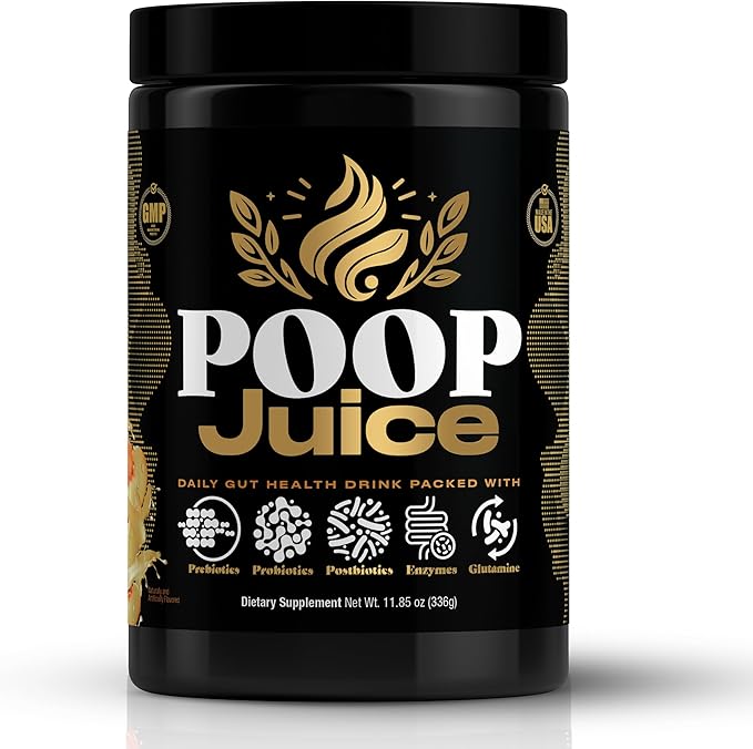 Poop Juice 5-in-1 Prebiotic, Probiotic, Postbiotic, Digestive Enzymes & Glutamine Supplement Powder - Bloat Relief, Gut & Immune Support - Sugar & Lactose-Free - 30 Servings (Georgia Peach Mango)