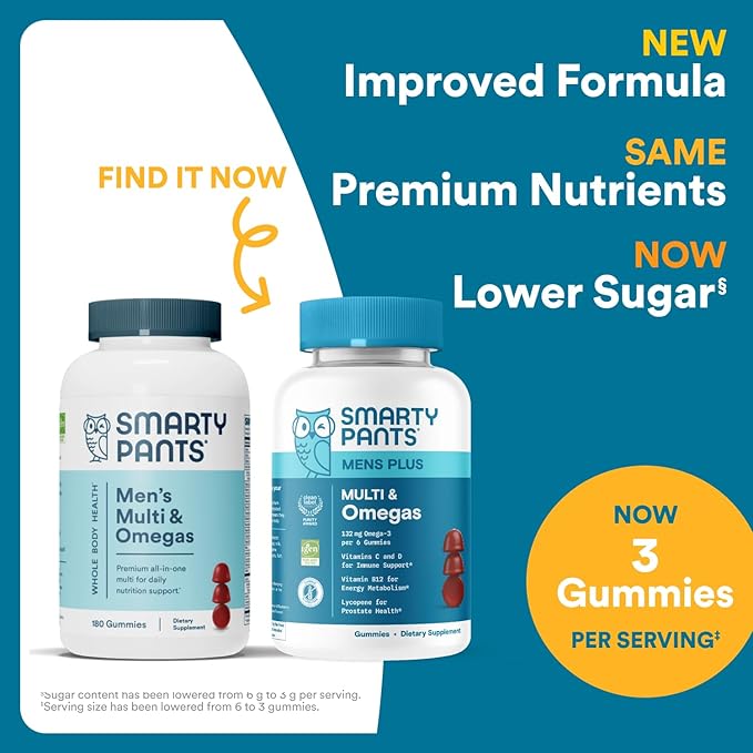 SmartyPants Multivitamin for Men, Gummies: Omega 3 Fish Oil (EPA/DHA), Methylfolate, CoQ10, Vitamin D3, C, Vitamin B12, B6, A, K & Zinc for Immune Support, Biotin, 180 Gummies (30 Day Supply)