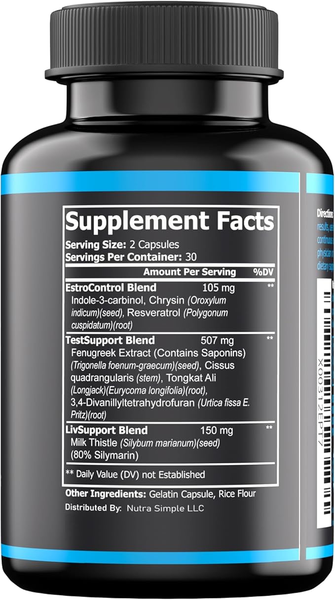 PCT Supplement for Men, 3-in-1 Post Cycle Support & Natural Booster with Estrogen Blocker, Liver Support Formula, Made in USA, with Fenugreek, Chrysin, Tongkat Ali, Milk Thistle - 60 Capsules