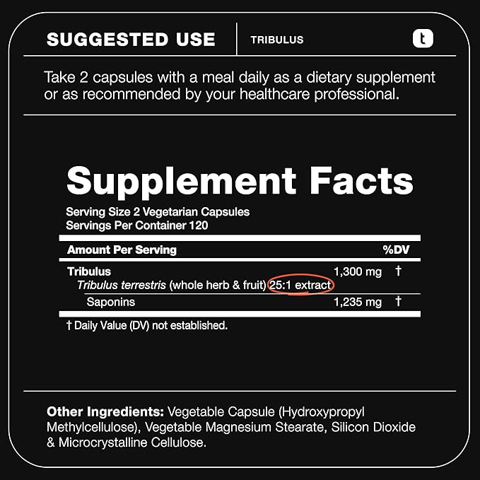 Tribulus Terrestris for Men - Ultra High Potency 25:1 Extract with 95% Saponins - 1300mg Pure & Concentrated Formula - Third-Party Lab Tested for Purity & Quality - 240 Capsules