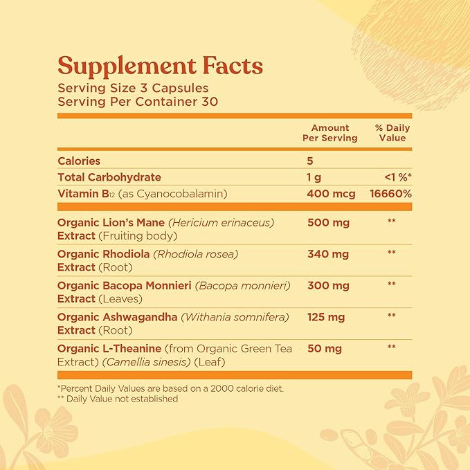 Four Sigmatic Focus Capsules | Lion's Mane Supplement Capsules | Brain Boosting Complex with Ashwagandha, Bacopa Monnieri & Rhodiola | Vegan Nootropic Adaptogen & Mushroom Supplement | 30 Servings