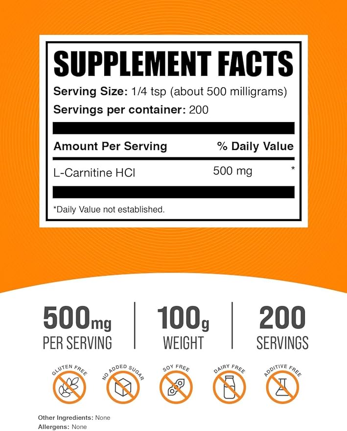 BulkSupplements.com L-Carnitine HCl Powder - Carnitine Supplement, Carnitine Powder, L-Carnitine 500mg - Unflavored & Gluten Free, 500mg per Serving, 100g (3.5 oz) (Pack of 1)