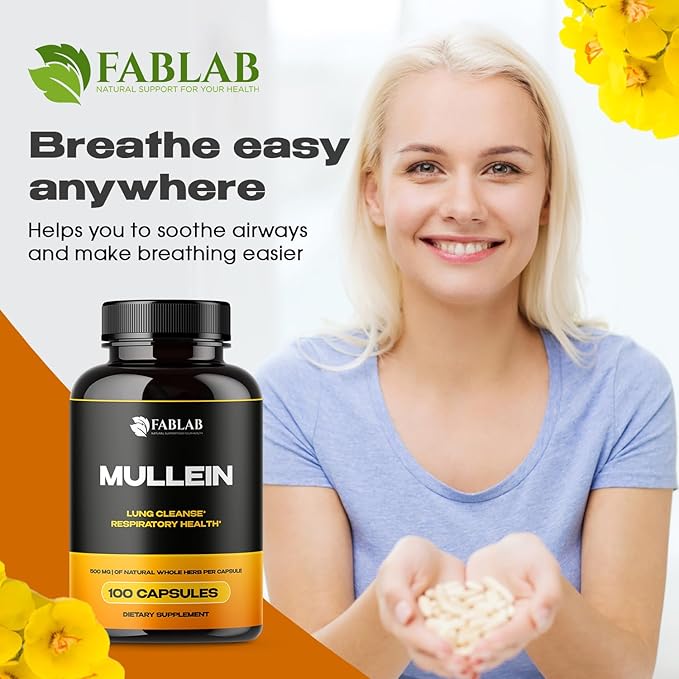 FabLab Mullein Leaf Capsules Supports Healthy Respiratory Function & Immune System Organic Mullein Lung Cleanse Herbal Supplement (100 Capsules)