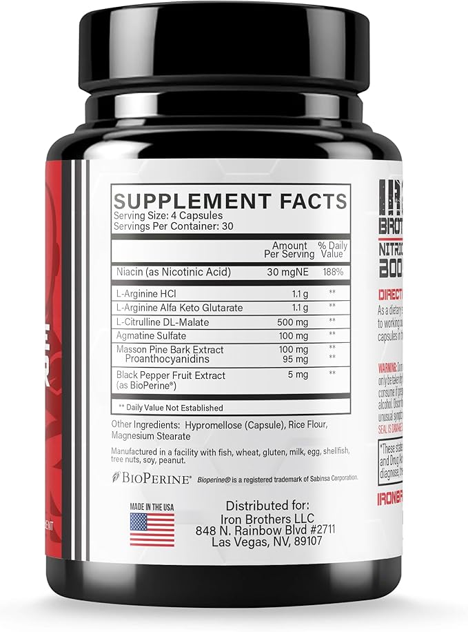 Iron Brothers Supplements Nitric Oxide Booster | Extra Strength Pumps Supplements | Pre-Workout with L-Arginine | Maximum Blood Flow & Vascularity | Increase Muscle Pumps, Energy & Endurance - 30 days