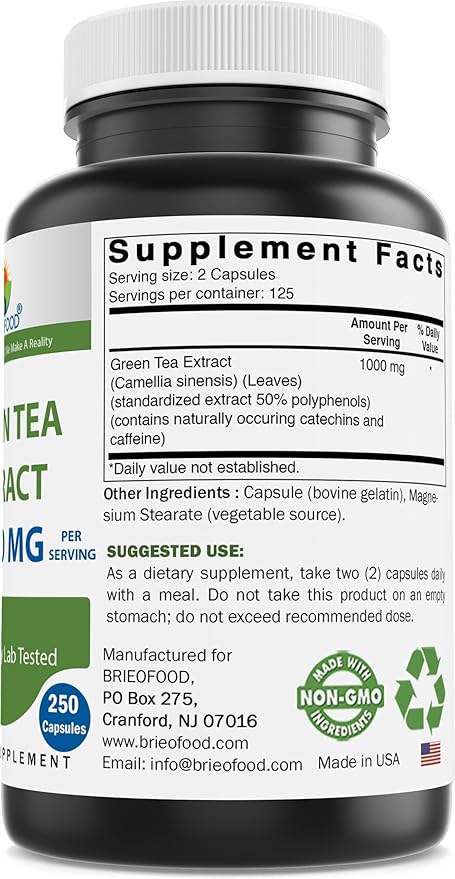 Brieofood Green Tea Extract 1000 mg per Serving (Min 50% Polyphenols) - 250 Capsules - 3rd Party Lab Tested for Purity & Quality
