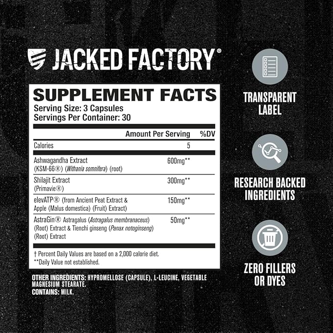 Jacked Factory Build-XT 50+ Daily Muscle Builder - Muscle Recovery Supplement & Muscle Builder for Men and Women with KSM-66 Ashwagandha, Primavie Shilajit, ElevATP, & Astragin - 90 Count