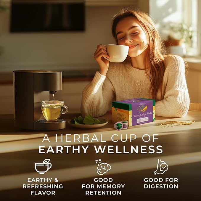 Gya Tea Co Ginkgo Biloba and Ginseng Herbal Tea Pod (16 ct) - Decaf Wellness Tea for Energy, Relaxing & Digestive Health