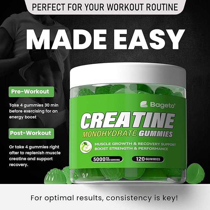 Creatine Monohydrate Gummies 5g for Men Women,Sugar Free Chewables Creatine Pre-Workout for Muscle Strength, Sour Green Apple, 120 Count
