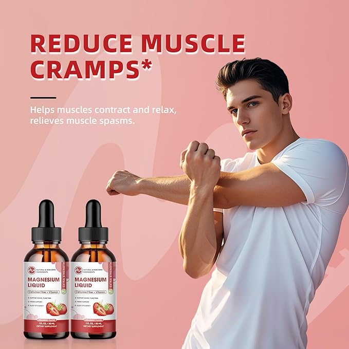 Magnesium Glycinate Liquid Drops, Magnesium Liquid Supplement with Cellulose Fiber, Bromelain, Vitamin C, D, B6, Zinc for Night, Muscle & Energy Support, Strawberry Flavor, 1 Fl Oz (Pack of 2)