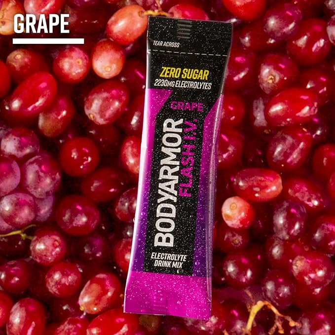 BODYARMOR Flash IV Electrolyte Packets, Grape - Zero Sugar Drink Mix, Single Serve Packs, Coconut Water Powder, Hydration for Workout, Travel Essentials, Just Add Sticks to Liquid (15 Count)