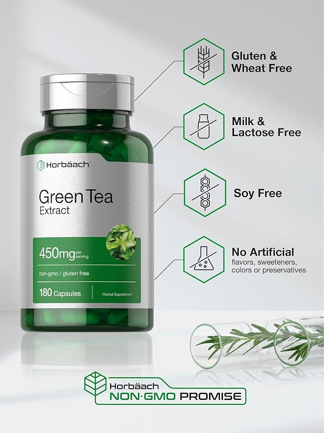 Horbäach Green Tea Extract Capsules 450mg | 180 Count | Herbal Supplement | Non-GMO and Gluten Free
