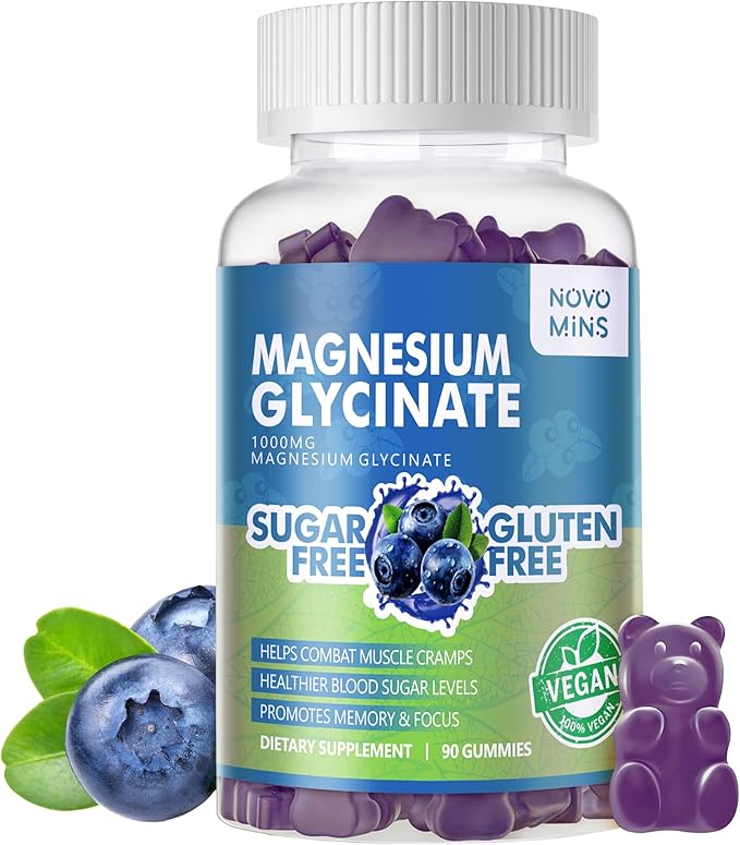 90 CT Magnesium Glycinate Gummies 1000mg - Sugar Free Magnesium Potassium Supplement with Vitamin D, B6, CoQ10 for Calm Mood & Sleep Support - 90 Blueberry Gummies.