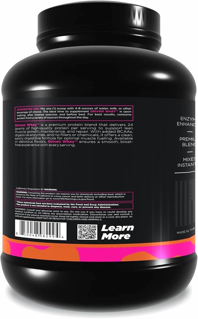 Driven WHEY- Grass Fed Whey Protein Powder: Delicious, Clean Protein Shake- Improve Muscle Recovery with 23 Grams of Protein with Added BCAA and Digestive Enzymes (5 lb, Cinnamon Roll)