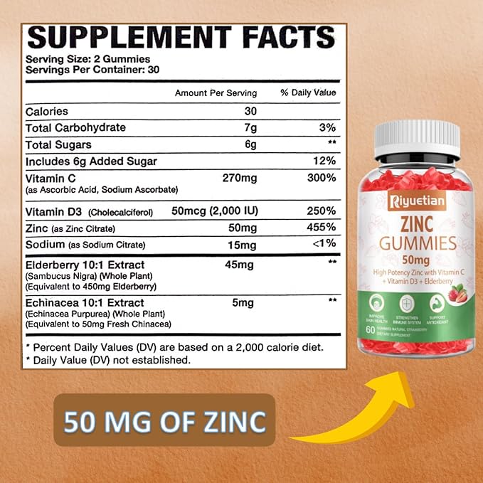 Zinc Gummies 50mg - Vitamin C, D3 & Elderberry, Echinacea, Zinc Immune Health Gummies, Non-GMO, Natural Antioxidant Supplements for Men & Women, Vegan 2 Pack