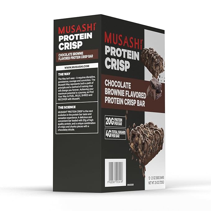 MUSASHI Protein Crisp Bar, 20g Protein, 4g Total Sugars, Chocolate Brownie, Post Workout and Snack On The Go, 12 Pack of 2.1oz (60g) Bars