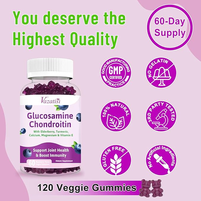 2 Pack Glucosamine Chondroitin Gummies - Glucosamine Chondroitin with MSM, Elderberry, Turmeric, Joint Support Supplement for Adults, Men & Women - Blueberry Flavor, 120 Cts
