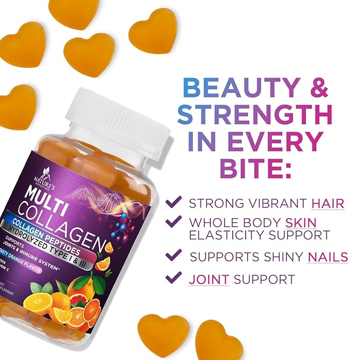 Collagen Gummies for Women with Vitamin C, Zinc & Biotin - Hydrolyzed Protein Type 1 & 3 Multi Collagen Peptides Supplement - Support for Hair, Skin, Nails & Joints, Gluten Free Complex - 60 Gummies