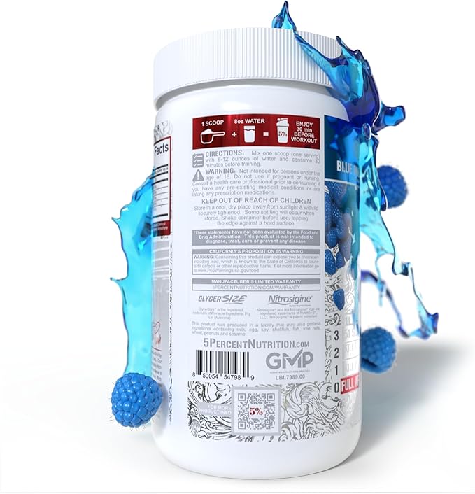 5% Nutrition FullAF Pre-Workout | Stim-Free with Massive Pumps | L-Citrulline, L-Taurine, Nitrosigine, GlycerSize | 13.05 oz (Blue Raspberry)