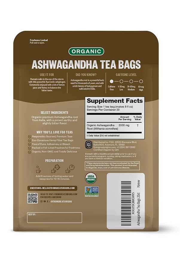 FGO Organic Ashwagandha Tea, 20 Count, Eco-Conscious Herbal Tea Bags, Resealable Bag, Caffeine Free, Packaging May Vary (Pack of 1)