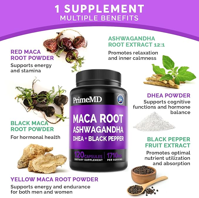6-in-1 Organic Maca Root Ashwagandha Capsules 1710mg with DHEA and Black Pepper Fruit Extract for Women and Men - Black Maca Supplement for Stamina, Bone and Mood Support Supplement, 120ct (Pack of 2)