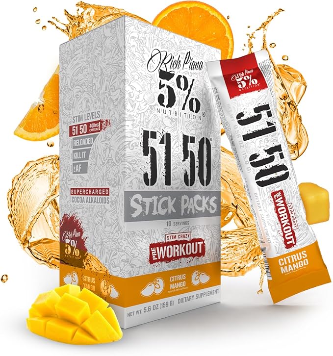 5% Nutrition Rich Piana 5150 High Stim Pre-Workout Powder Packets | Extreme Energy, Focus, Pumps & Endurance | 513 mg Caffeine Complex, Citrulline, Beta Alanine, L-Tyrosine (Citrus Mango) (10 Count)