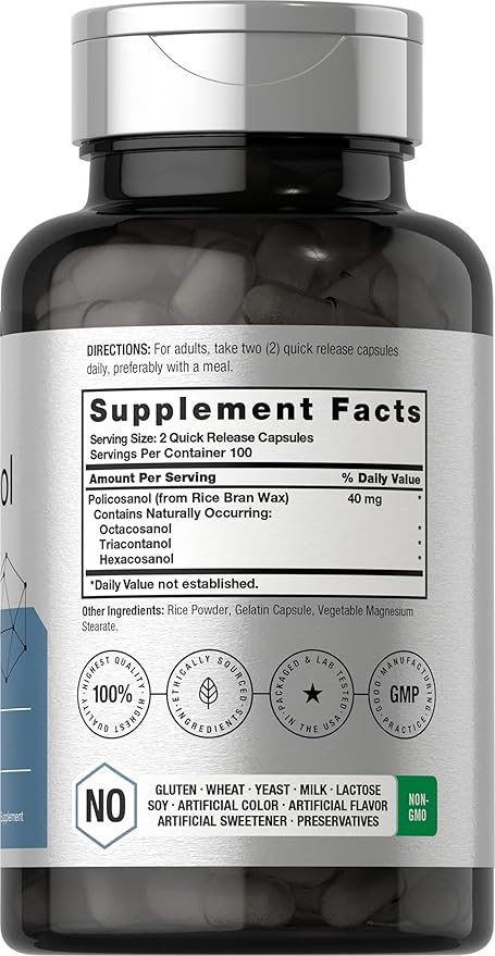 Horbäach Policosanol 40mg | 200 Capsules | Non-GMO and Gluten Free Supplement