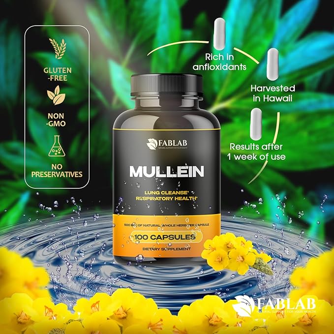 FabLab Mullein Leaf Capsules Supports Healthy Respiratory Function & Immune System Organic Mullein Lung Cleanse Herbal Supplement (100 Capsules)
