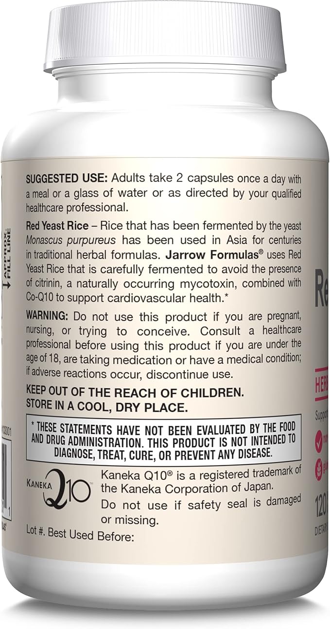 Jarrow Formulas Red Yeast Rice 1200 mg & Co-Q10 100 mg Per Serving - 120 Veggie Caps - 60 Servings - Herbal Heart Health Dietary Supplement - Supports Cardiovascular & Heart Health - Vegan