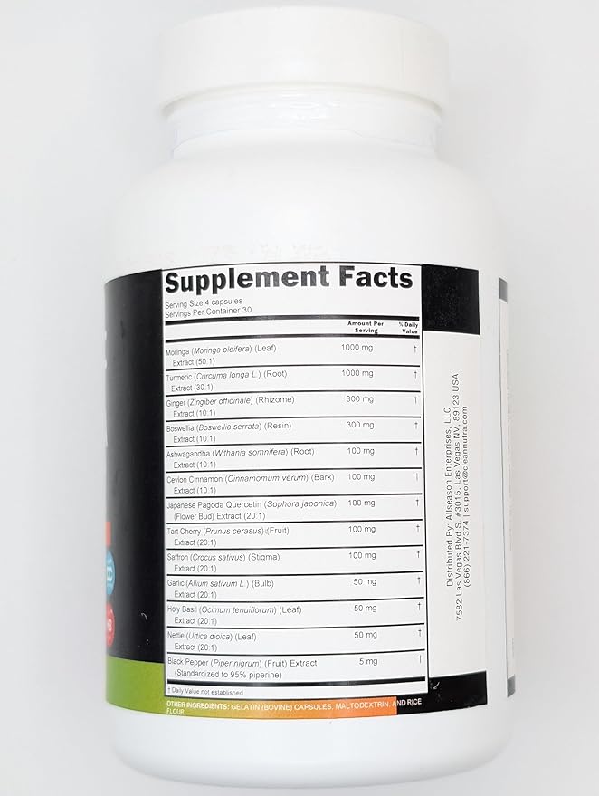 Clean Nutraceuticals Turmeric Moringa Supplement | Ginger Boswellia Saffron - Supplement for Women and Men with Ceylon Cinnamon, Tart Cherry, Quercetin Garlic Nettle Holy Basil - 1Pack