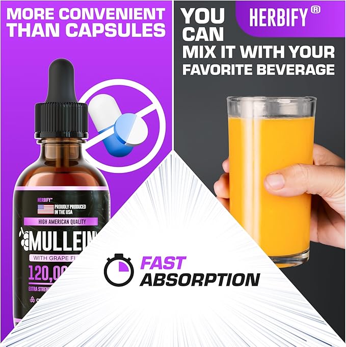 HERBIFY Mullein Drops - Lung Cleanse - Leaf Extract - Powerful Mullein for Immune Support,Detox & Respiratory Support - Made in USA - Herbal Supplements - 4 Oz Grape Flavor