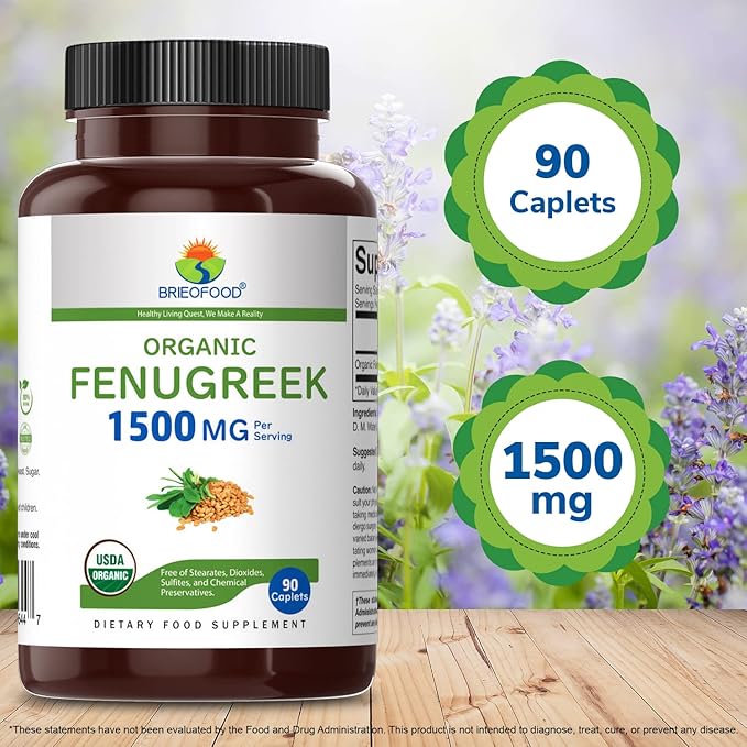 Brieofood Organic Fenugreek 1500mg, 45 Servings, Vegetarian, Gluten Free, 90 Vegetarian Tablets