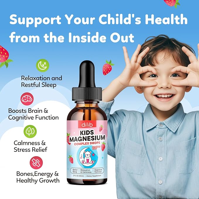 Kids Magnesium Liquid Drops - Liquid Magnesium Glycinate for Kids, Citrate Supplement with L-theanine, Omega-3, Vitamin B12, D3 for Sleep, Calm, Relaxation, Brain, Bones, Strawberry 2 Fl Oz