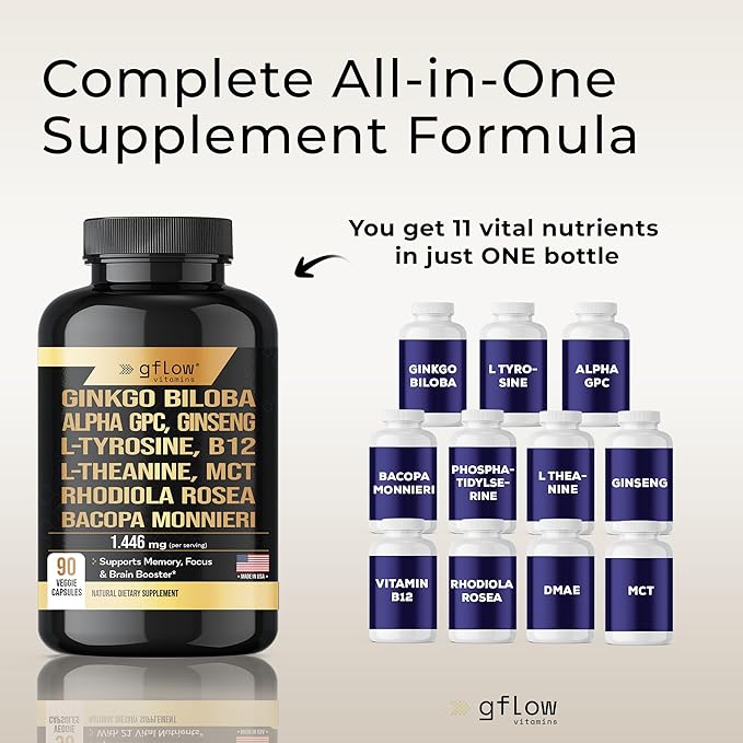 Ginkgo Biloba & Panax Ginseng 1446 mg, Alpha Gpc, L Tyrosine, L Theanine, Bacopa monnieri, Rhodiola Rosea, Phosphatidylserine, B12, MCT, DMAE - Complex with 11-1 Vitamins