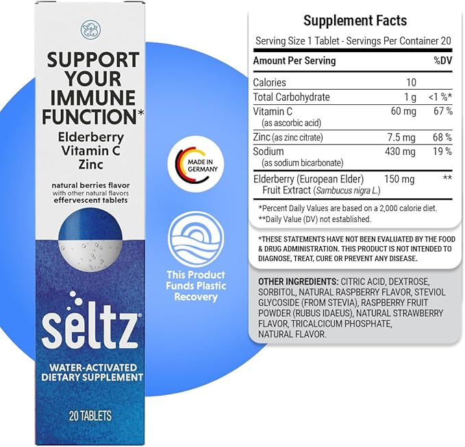 Seltz® Water-Activated Vitamins - Support Your Immune Function - Vitamin C, Elderberry Extract, and Zinc – Natural Berries Flavor Dietary Supplement - 6 Packs x 20 Effervescent Tablets Each
