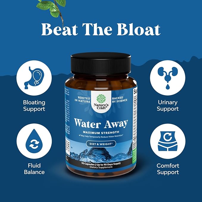 Water Away Herbal Diuretic Pills High Strength - Fluid Retention Supplement with Dandelion Leaf Extract & Green Tea for Bloating Relief for Women & Men - Capsules for Leg & Feet Swelling - 90 Count