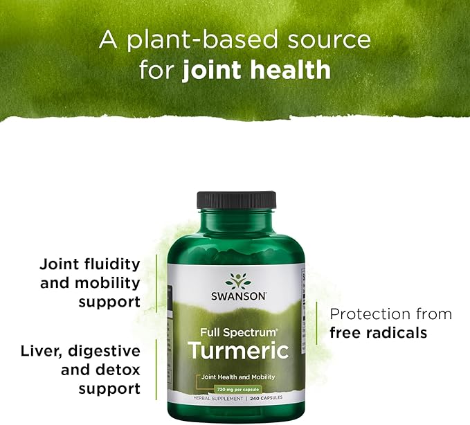 Swanson Turmeric Antioxidant, Joint Health, Cardiovascular, Liver Detox, Mood and Memory Support Supplement Curcuma Longa (Rhizome) 720 mg, 240 Capsules, 120 Servings, 1.44 Grams per Serving