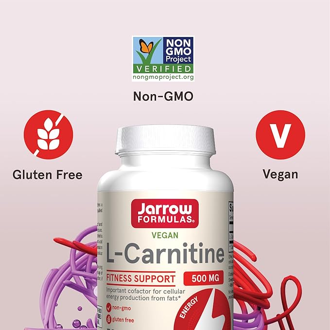 Jarrow Formulas® L-Carnitine 500 mg, Dietary Supplement, Support for Cellular Energy Production, 50 Veggie Capsules, 50 Day Supply