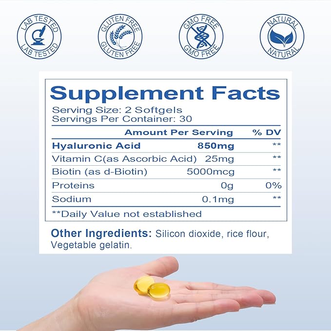Hyaluronic Acid Supplements 850mg with Biotin 5000mcg & Vitamin C 25mg High Absorption, Skin Hydration, Hair and Nails Health, Non-GMO, Gluten Free, 60 softgels