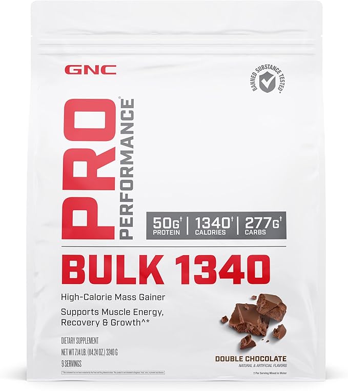 GNC Pro Performance Bulk 1340 Mass Gainer Protein Powder, 50g, Gluten Free, Whey, Creatine, BCAA, 3rd Party Tested, Muscle Recovery & Growth, Micronutrients, Double Chocolate, 9 Servings