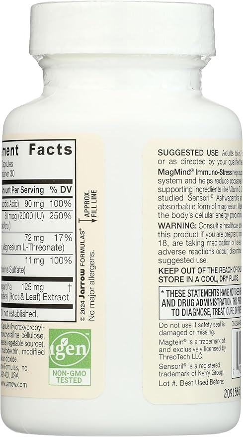 Jarrow Formulas Magnesium L-Threonate, MagMind Immuno-Stress, Dietary Supplement Featuring Ashwagandha and Immunity Support, Vitamins C & D, 60 Capsules, Up to a 30 Day Supply