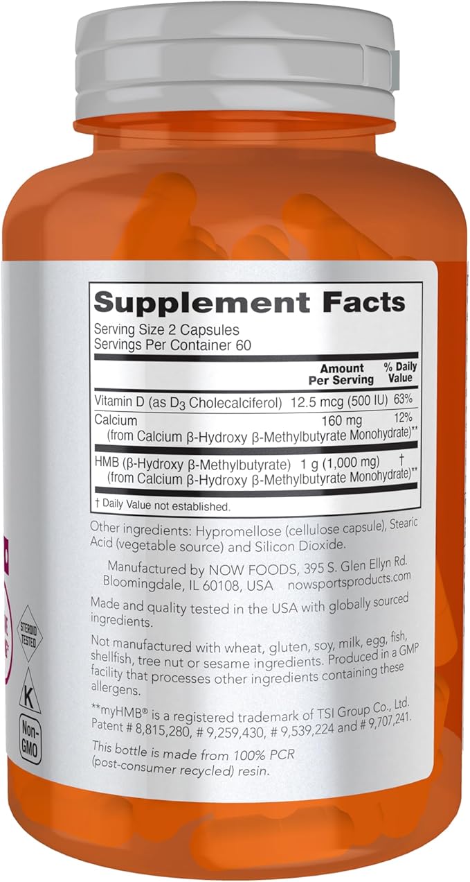 NOW Foods Sports Nutrition, HMB (β-Hydroxy β-Methylbutyrate) 500 mg, Sports Recovery*, 120 Veg Capsules