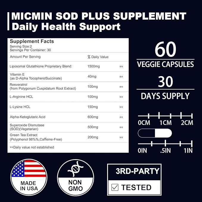 Superoxide Dismutase Supplement 500mg - SOD Plus with Liposomal Glutathione, AKG, Green Tea Extract, L-Arginine, Lysine, Resveratrol and Vitamin E for Immune Support, Antioxidant 180 Capsules