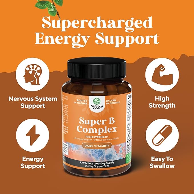 Super Vitamin B Complex for Women & Men - B Vitamins Complex with Thiamin, Riboflavin, Niacin, 6, 12 and Folate - Blend Supplement for Nervous System Support, Energy & High Strength - 100 Tablets