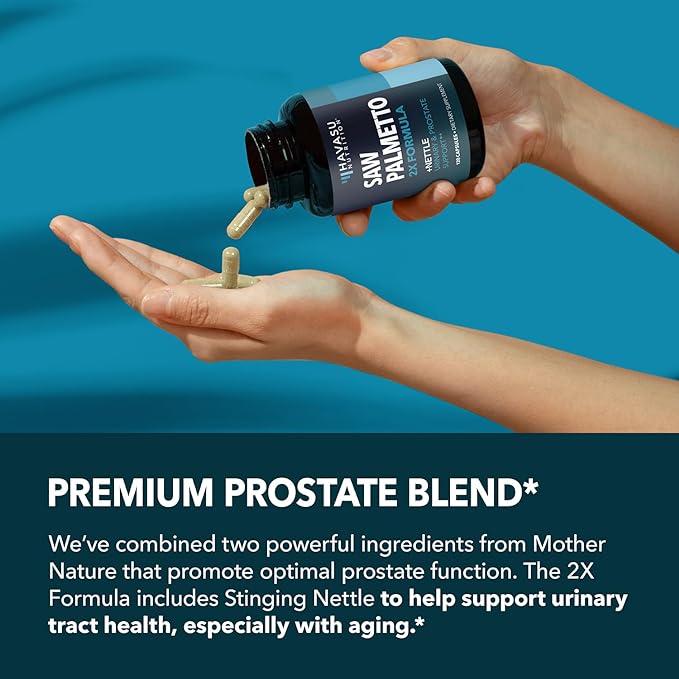 Saw Palmetto with Stinging Nettle Capsules - 2X Prostate Support Supplement for Men’s Health - 120 Count - DHT Blocker for Urinary Tract Function and Hair - Vegan, Non-GMO - 2 Month Supply