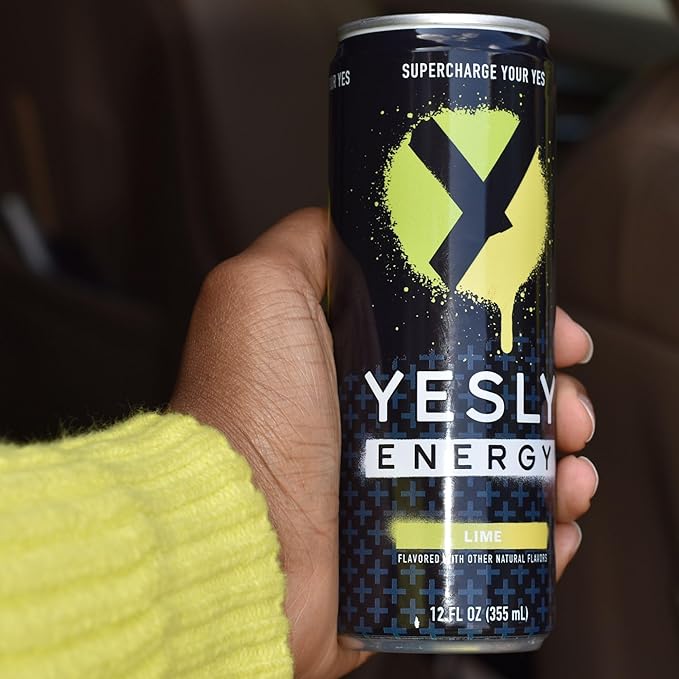 Yesly Energy Drink, Lime, Naturally Flavored Sparkling Energy Water With Electrolytes, Magnesium, Potassium, Vitamin C, B6 & B12, Natural Caffeine From Green Tea, Zero Sugar, 12 Fl Oz Cans, 12 Pack
